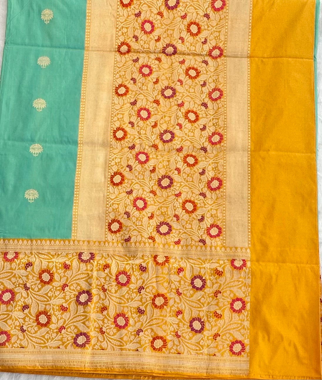 TEEL GREEN WITH YELLOW PURE BANARAS
