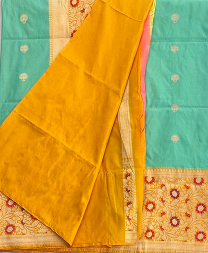TEEL GREEN WITH YELLOW PURE BANARAS