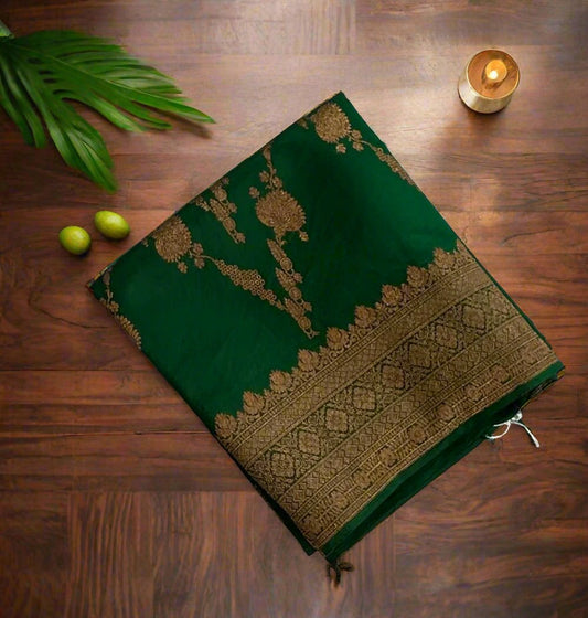 DARK BOTTLE GREEN  PURE RAWMANGO SAREE