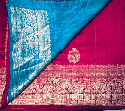 MAROON ND BLUE BANARAS PURE RAW SILK SAREE