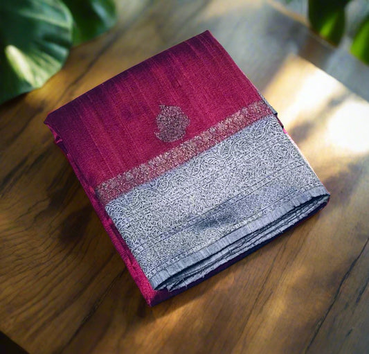 METALLIC PINK ND GREY BANARAS PURE RAW SILK SAREE