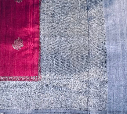 METALLIC PINK ND GREY BANARAS PURE RAW SILK SAREE