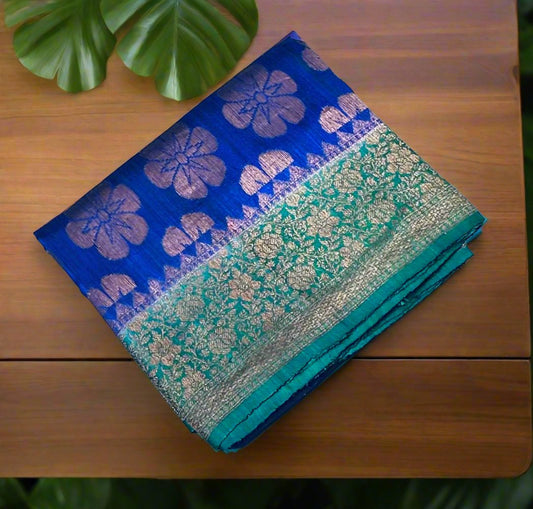 ROYAL BLUE ND GREEN  BANARAS PURE RAW SILK SAREE