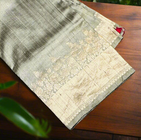 GREYISH  BANARAS PURE RAW SILK SAREE