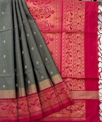 GREY ND PINK KANJIVARAM SOFT SILK SAREE