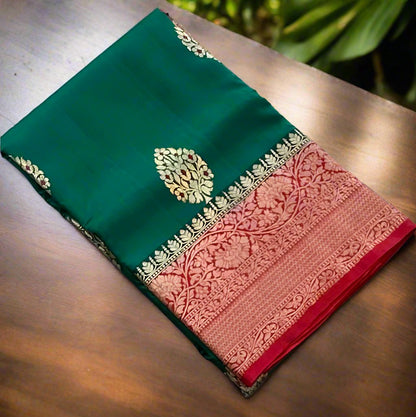 BOTTLE GREEN ND RED BANARAS RAW MANGO SAREE