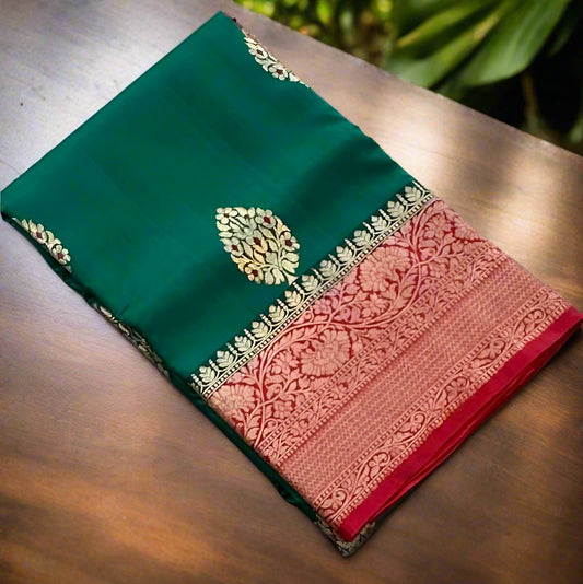 BOTTLE GREEN ND RED BANARAS RAW MANGO SAREE
