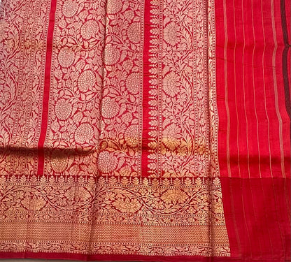 BOTTLE GREEN ND RED BANARAS RAW MANGO SAREE